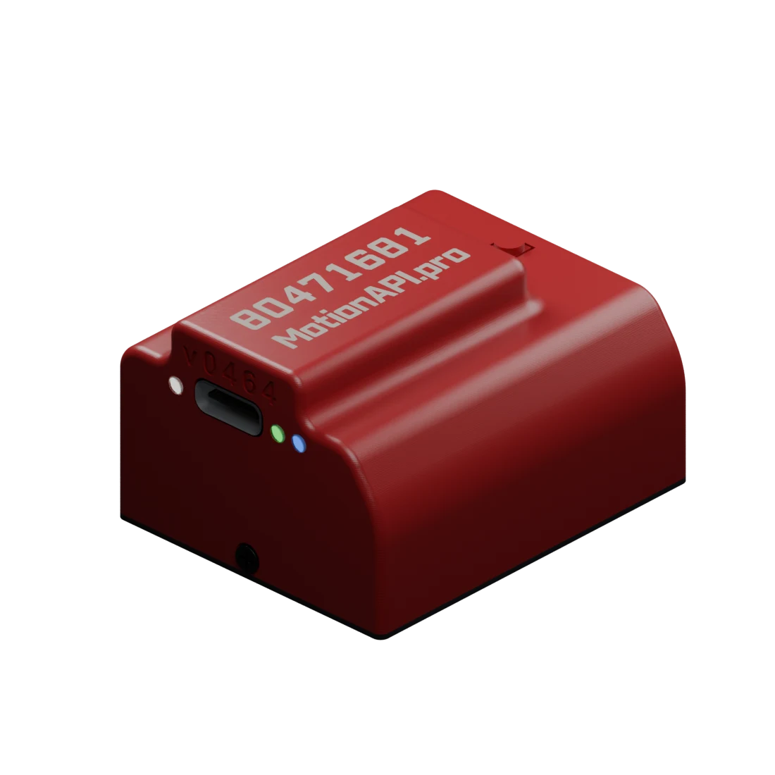 MotionApi ANT Tracker in its red enclosure, showing the USB-C port and status LEDs