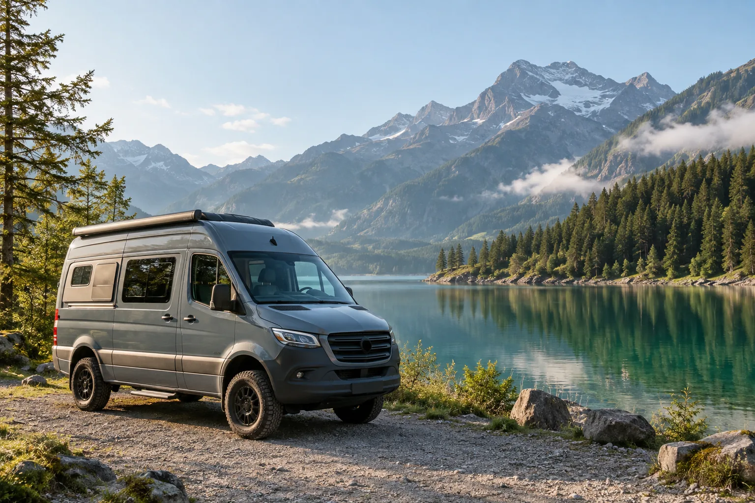 Application illustration of a campervan in a mountain landscape
