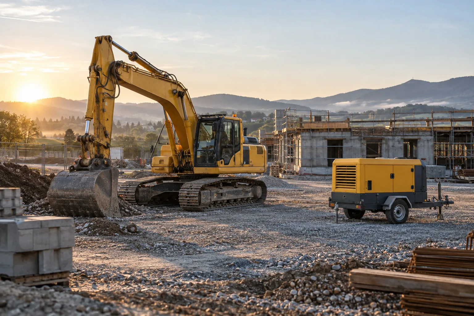 Application illustration of construction equipment and a mobile generator on a worksite