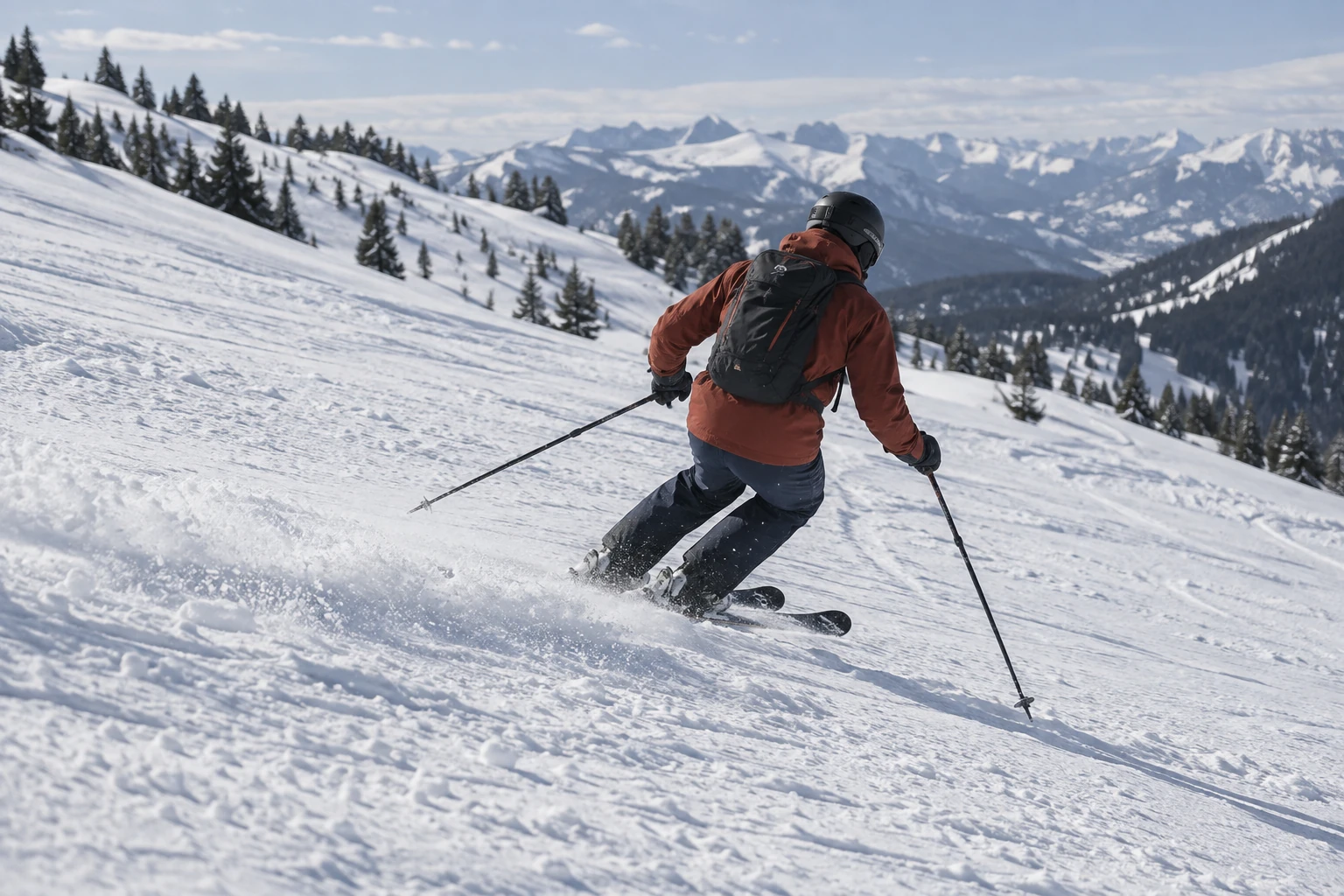 Illustration of a skier in a red jacket carving a turn on a snowy mountain slope